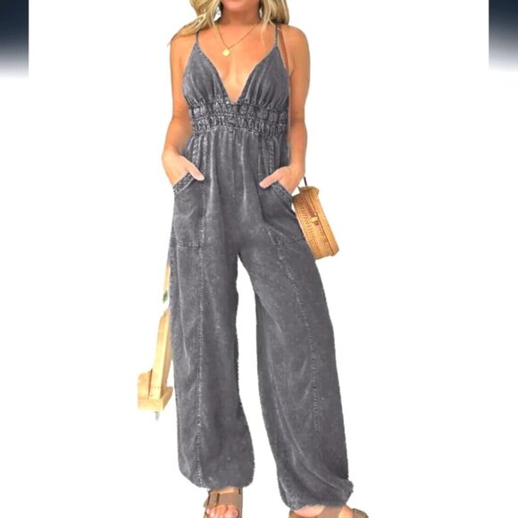 Yoeasy Women's V Neck Adjustable Strap Denim Lightweight Wide Leg Romper 3xl New - Picture 1 of 5